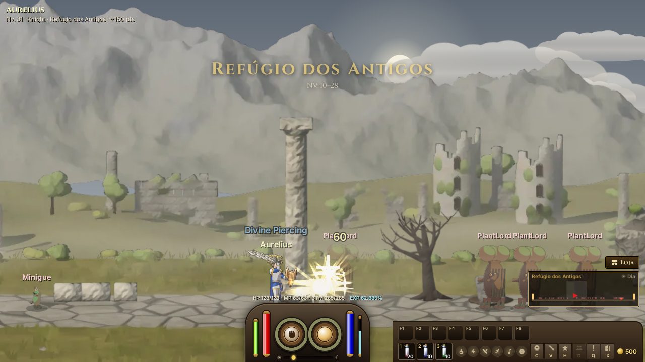 Knight de Moriel em combate no Refúgio dos Antigos, com o HUD clássico de bronze