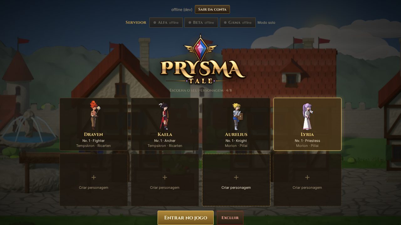Tela de seleção de personagens com o logo do Prysma Tale